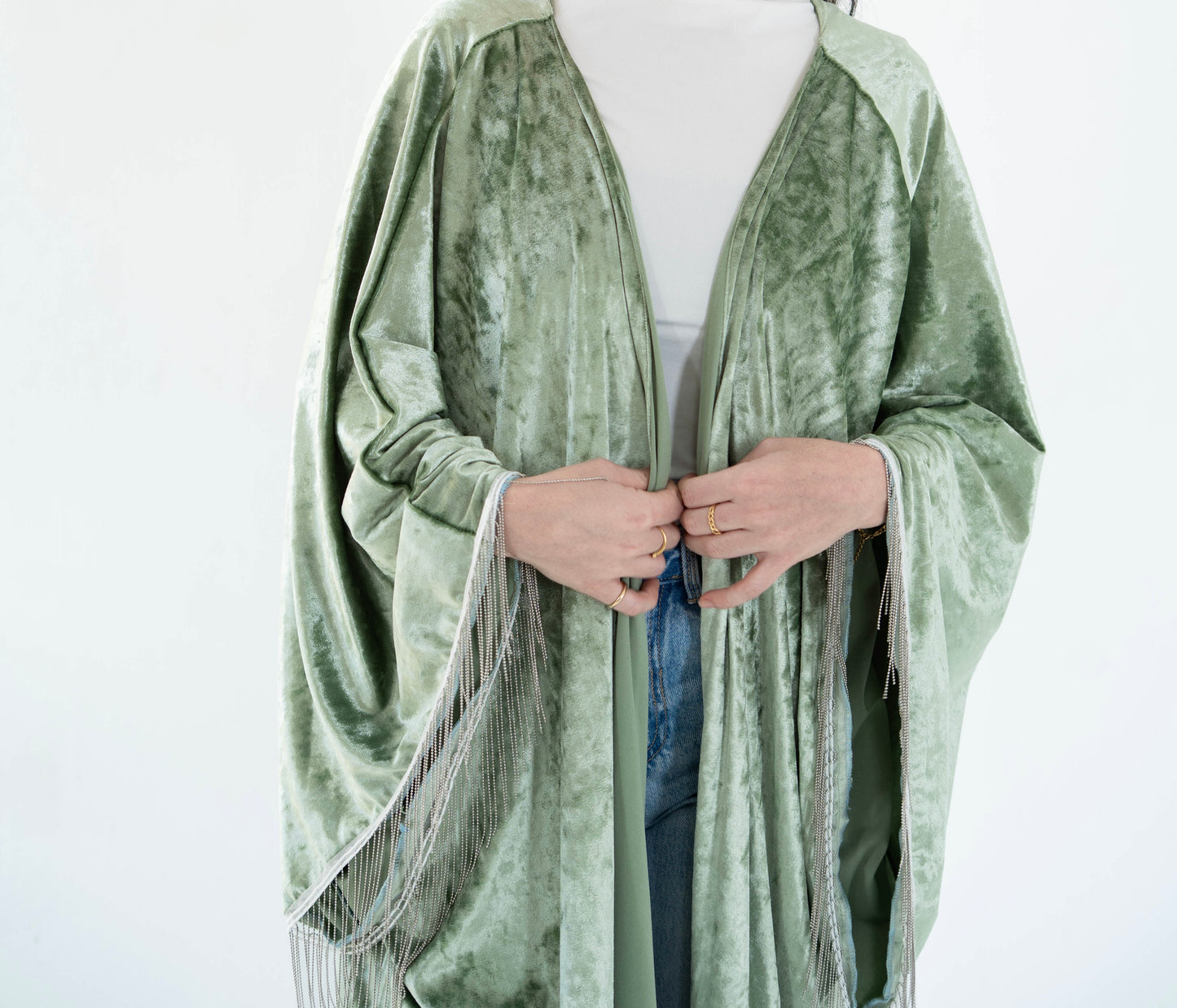 Sage-green velvet long kaftan