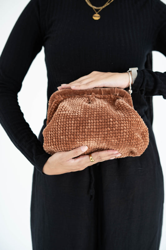 caramel brown crochet clutch