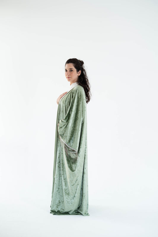 Sage-green velvet long kaftan