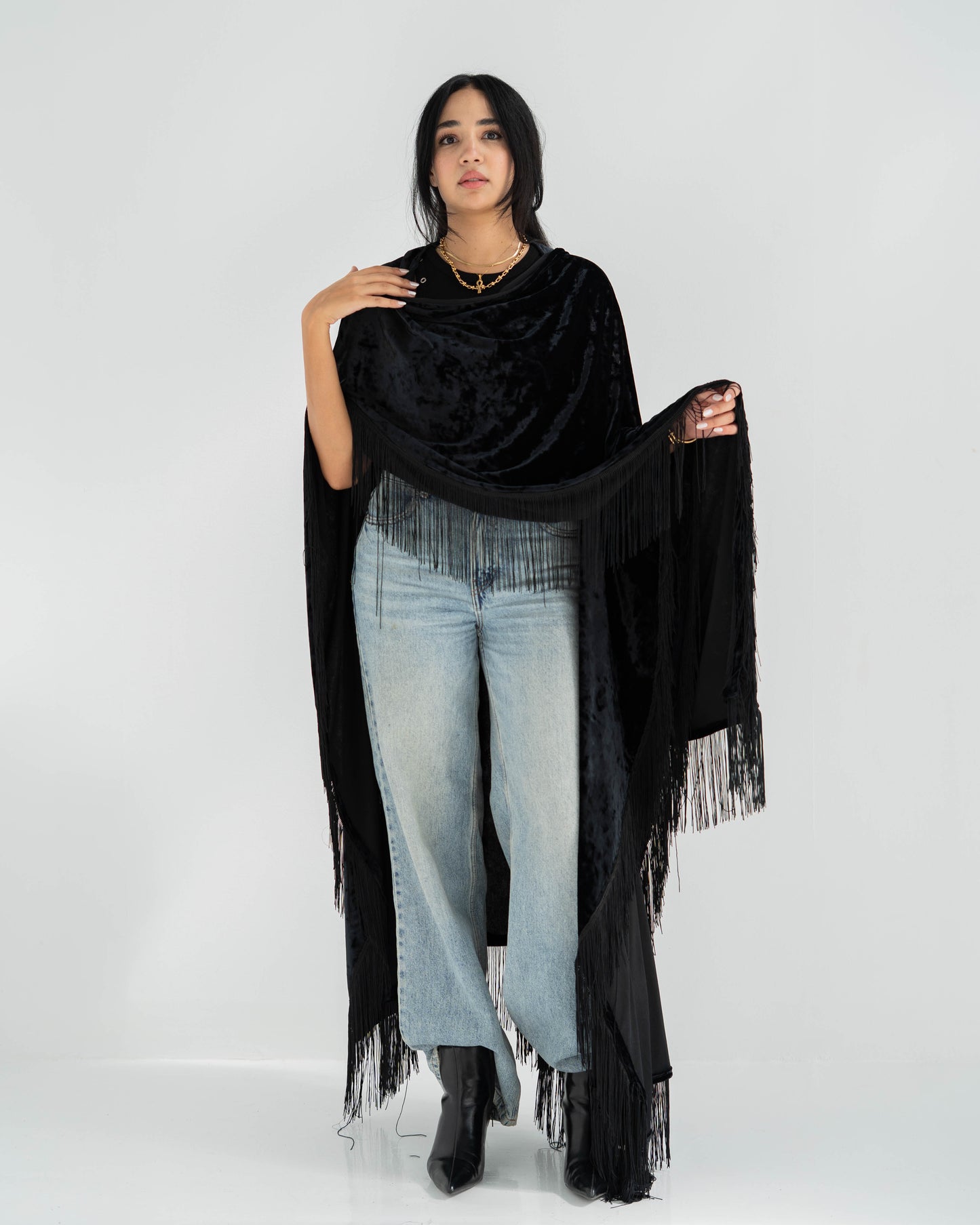 Velvet Long Kaftan with Fringes