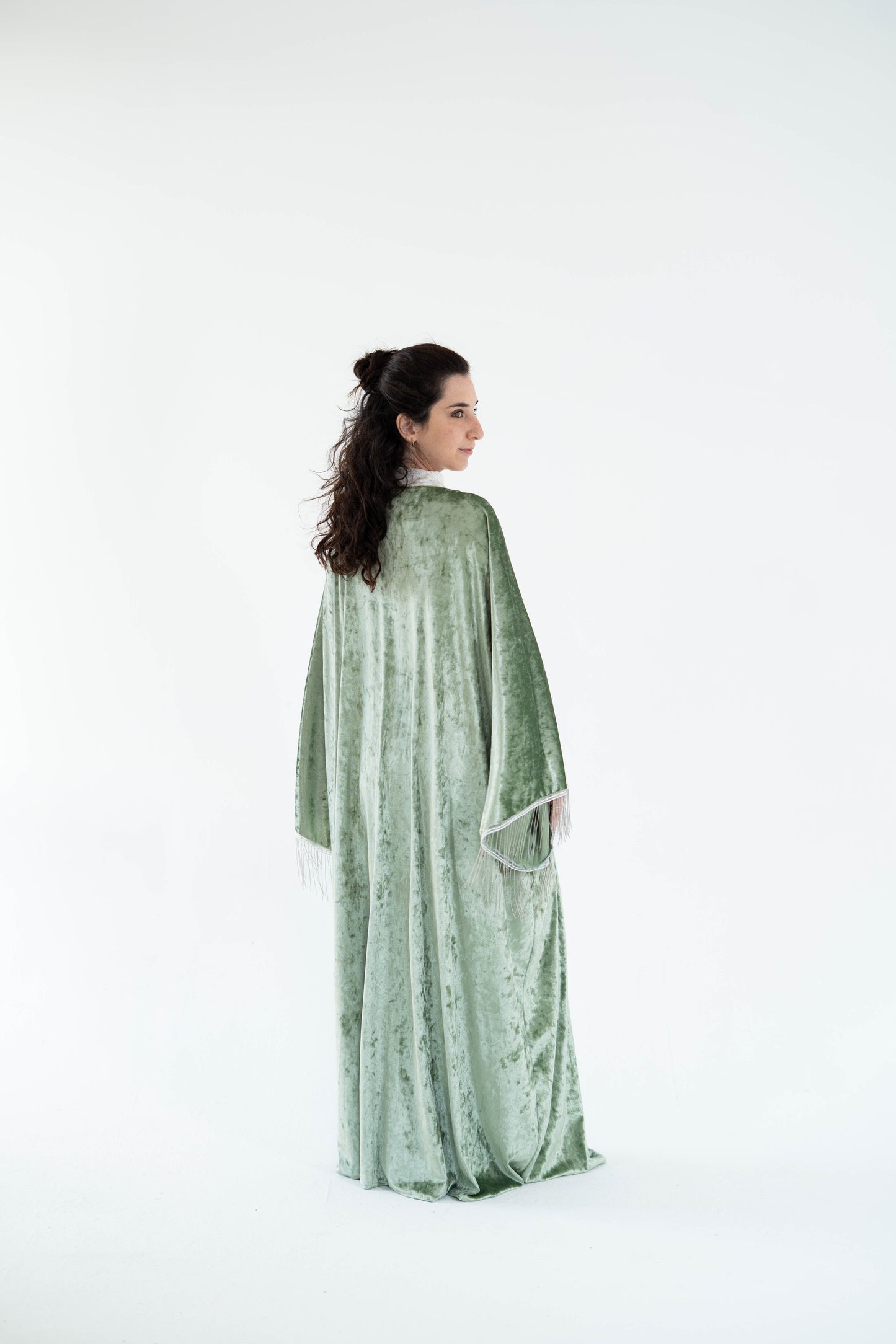 Sage-green velvet long kaftan