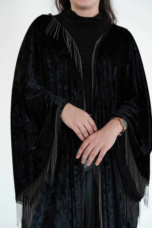 Velvet long kaftan with metal fringes