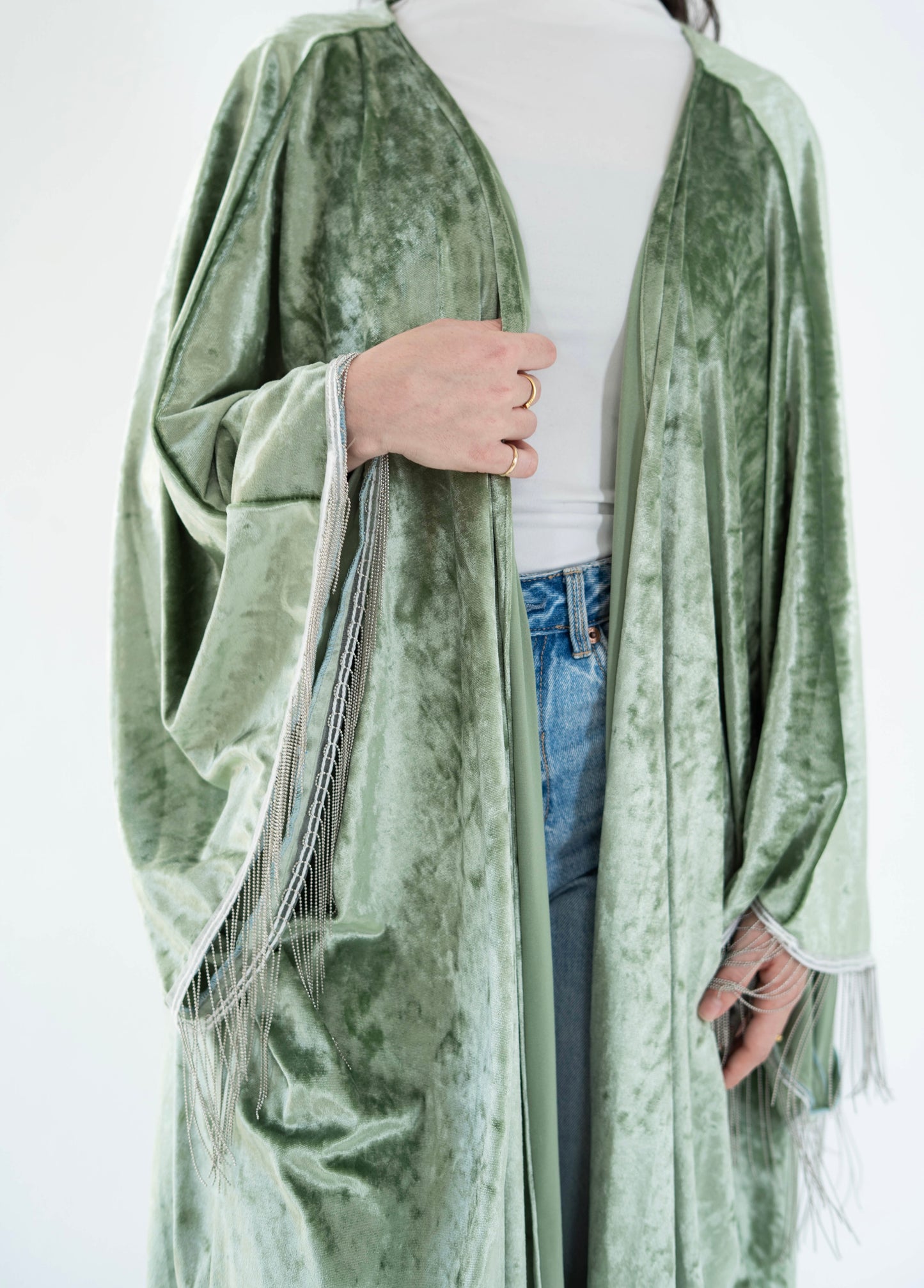 Sage-green velvet long kaftan