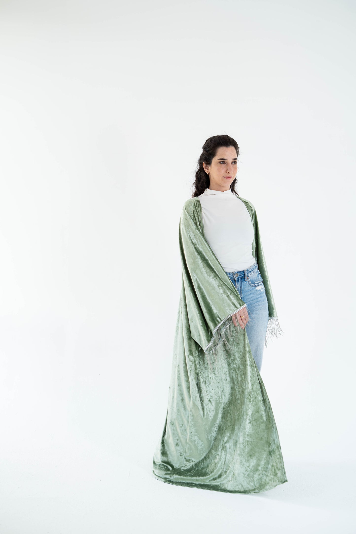 Sage-green velvet long kaftan