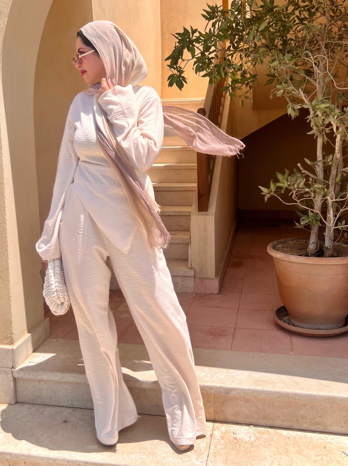 Off-white two-piece set with a wave pattern