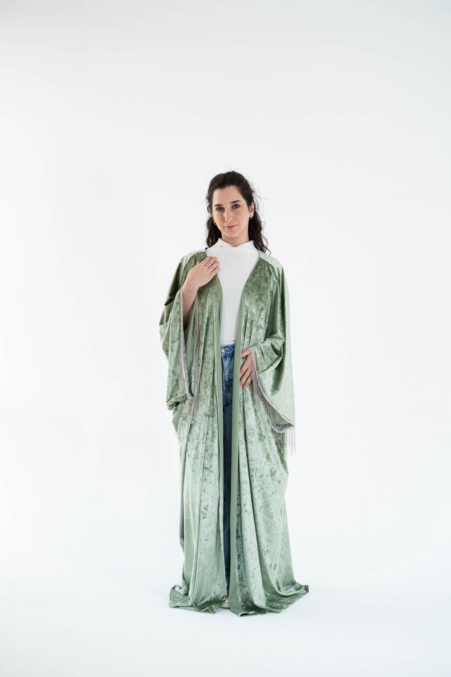 Sage-green velvet long kaftan