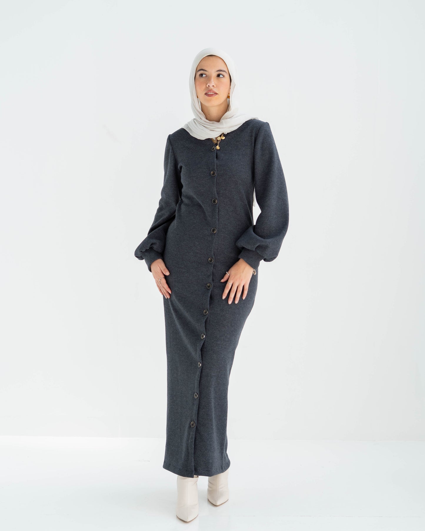 Double cashmere Button-Down long Dress with puff Sleeves