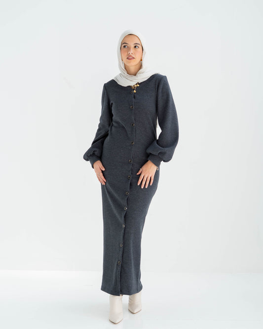 Double cashmere Button-Down long Dress with puff Sleeves