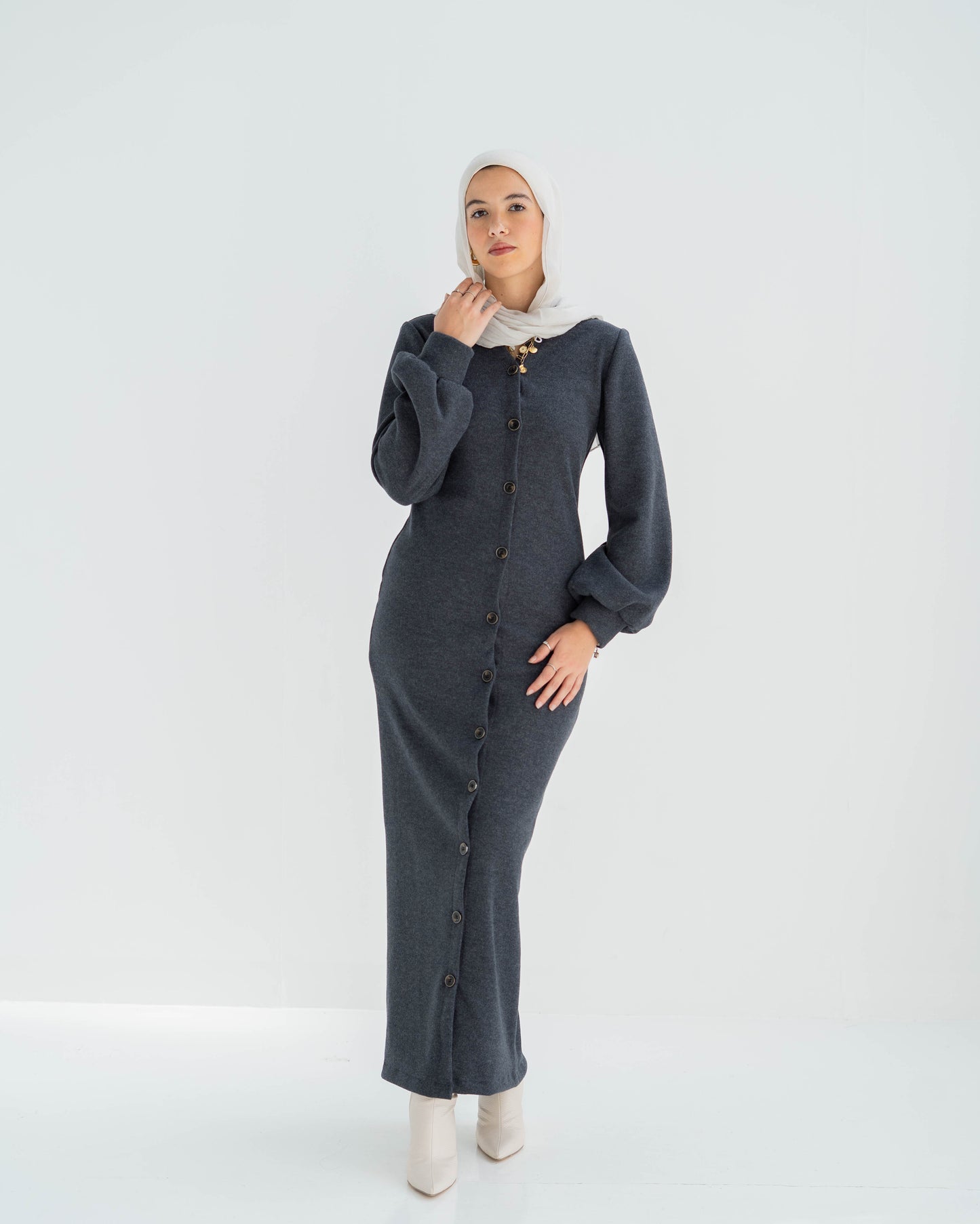 Double cashmere Button-Down long Dress with puff Sleeves