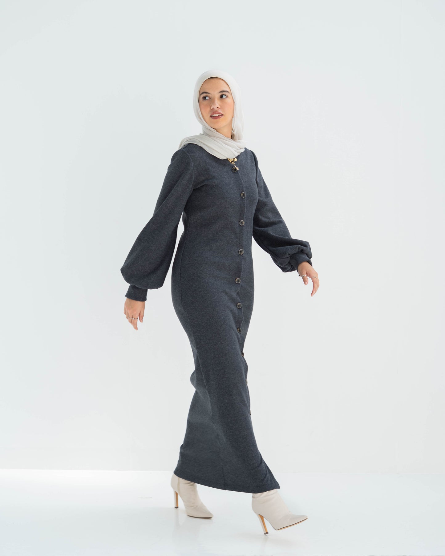 Elegant Button-Down Midi Dress with Balloon Sleeves