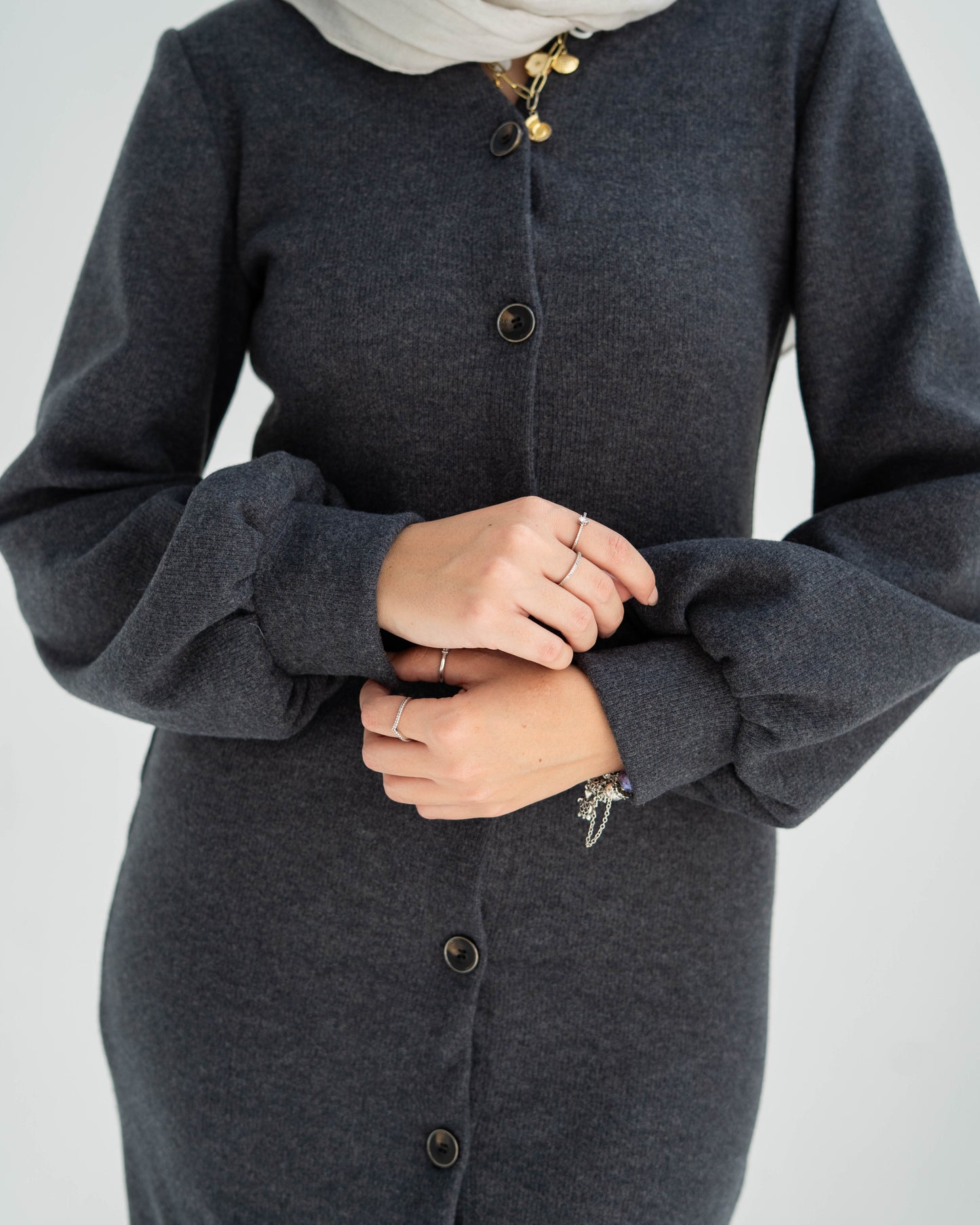 Double cashmere Button-Down long Dress with puff Sleeves