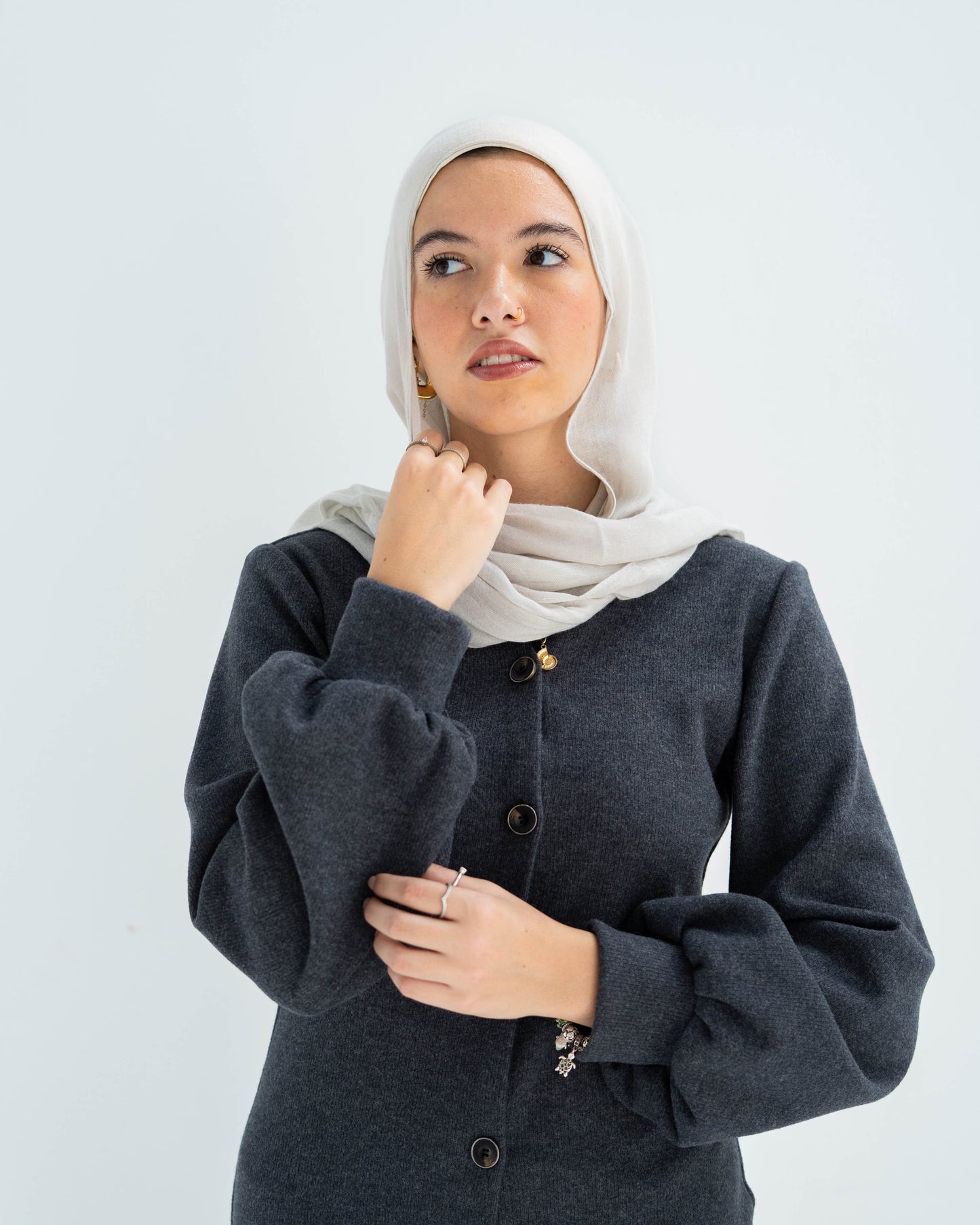 Double cashmere Button-Down long Dress with puff Sleeves