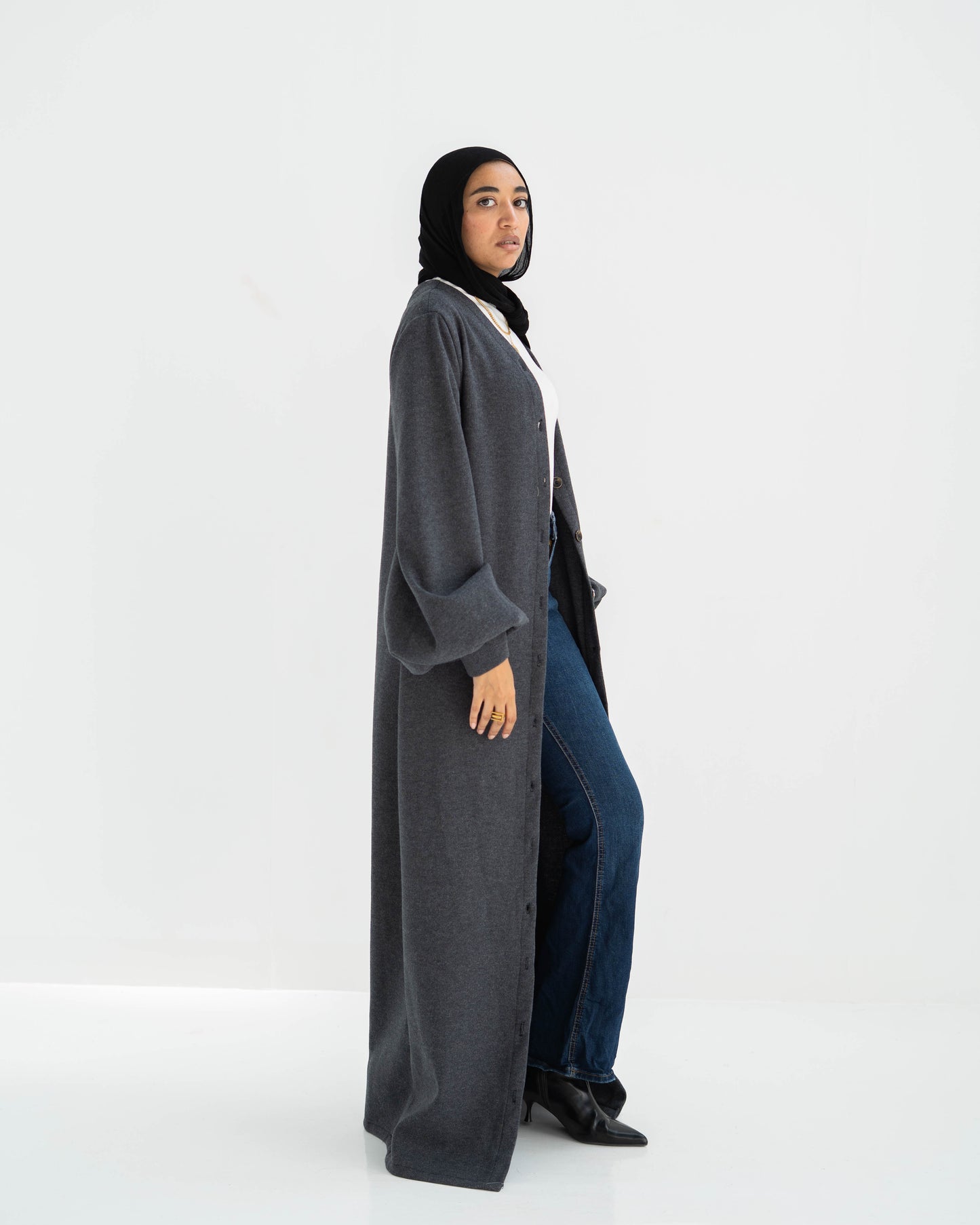 Double cashmere Button-Down long Dress with puff Sleeves
