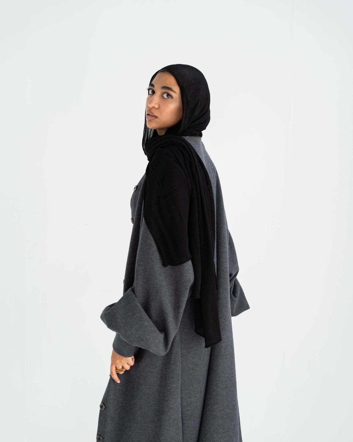 Double cashmere Button-Down long Dress with puff Sleeves