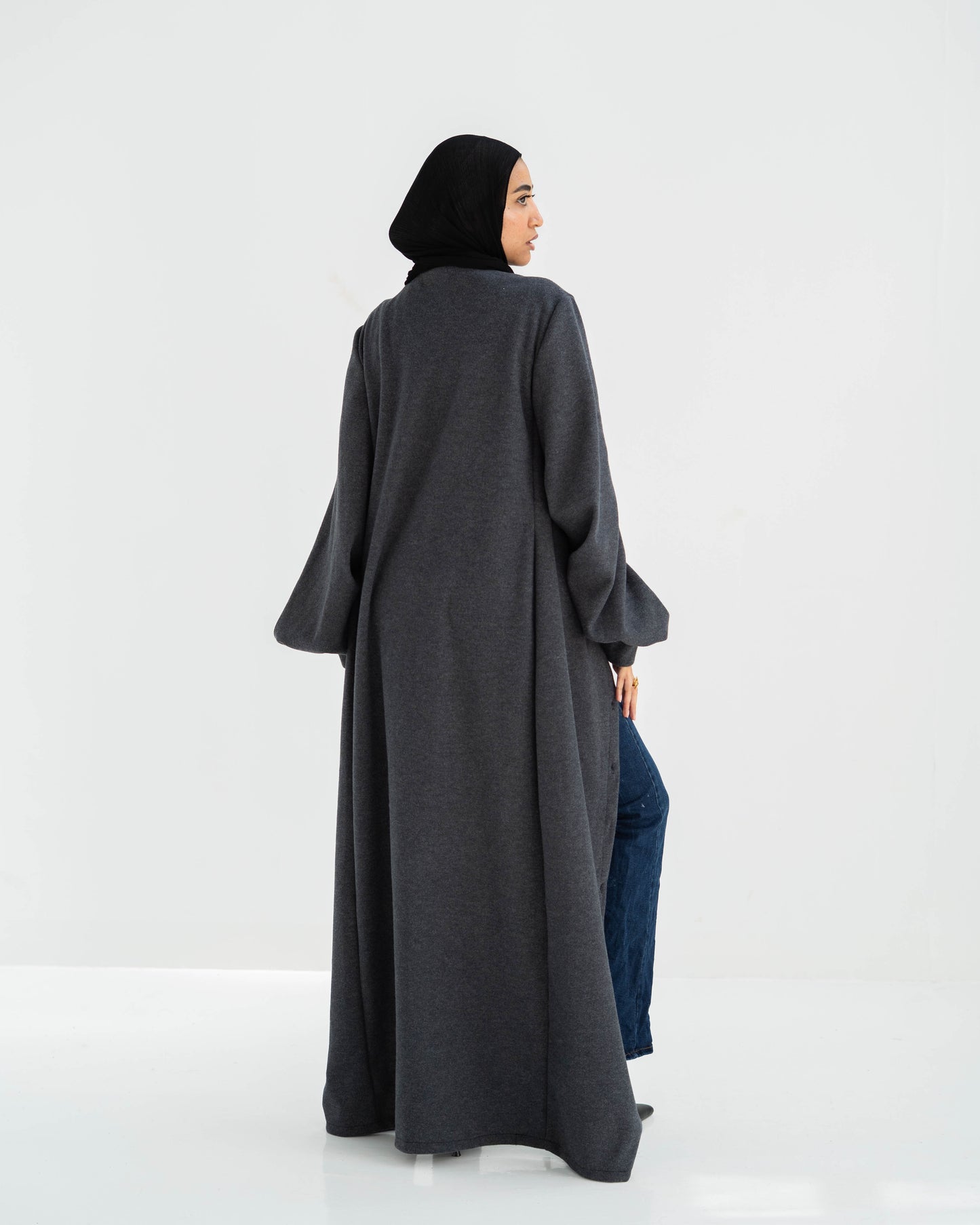 Double cashmere Button-Down long Dress with puff Sleeves