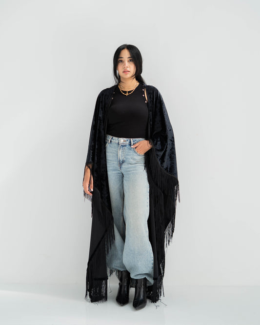 Velvet Long Kaftan with Fringes