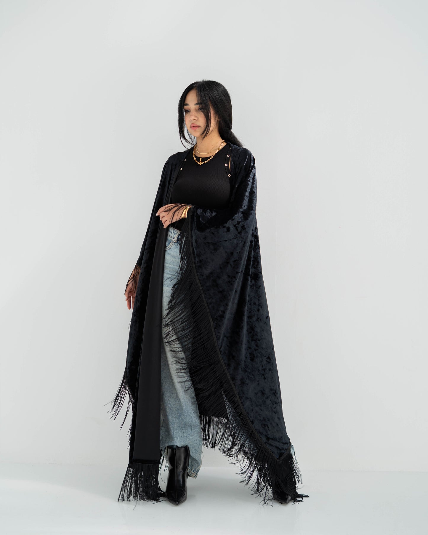 Chic Velvet Long Cardigan with Fringes
