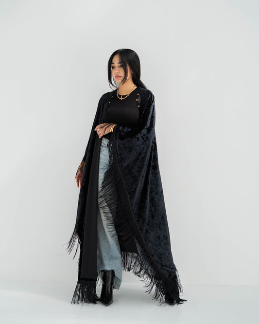 Chic Velvet Long Cardigan with Fringes