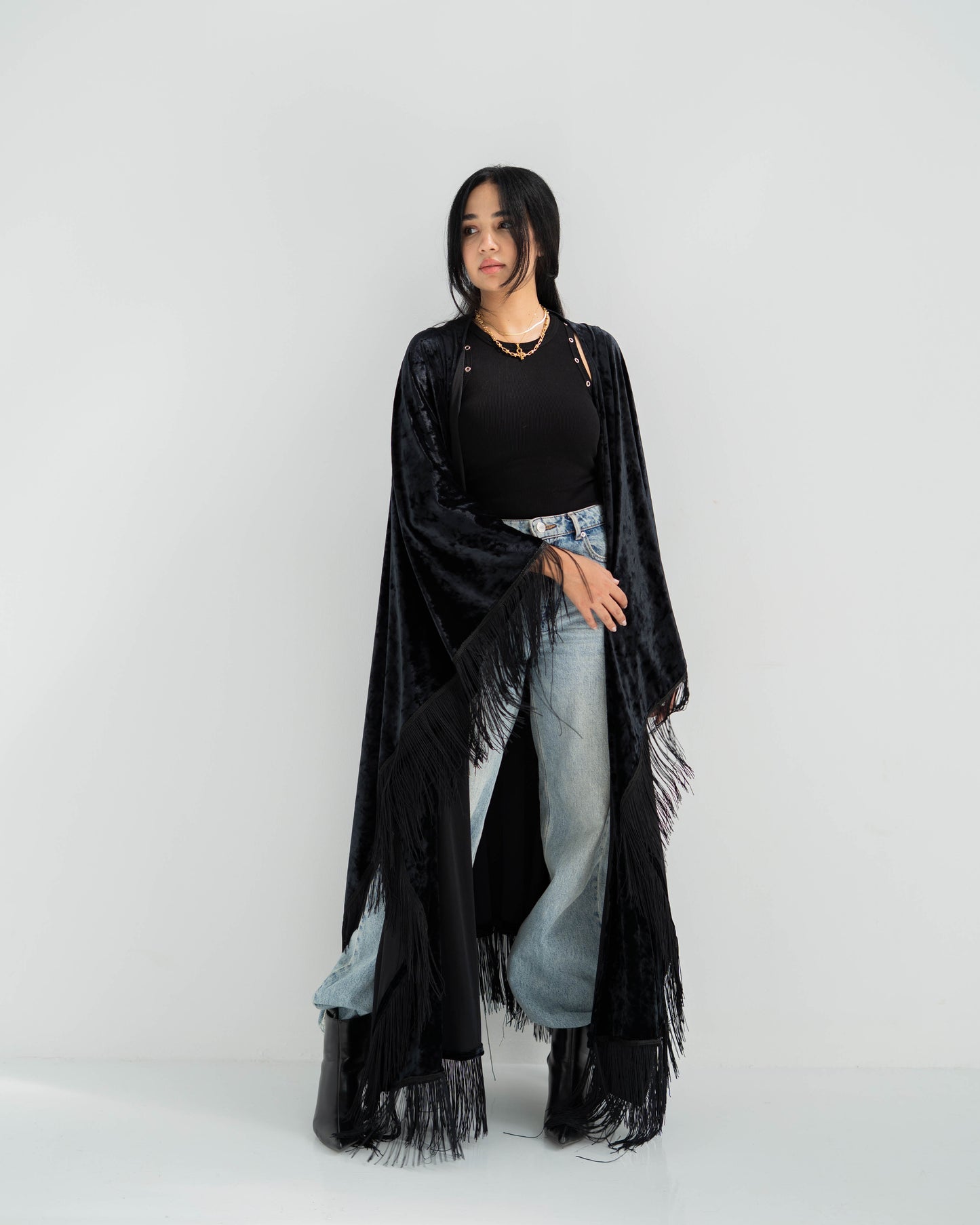 Velvet Long Kaftan with Fringes