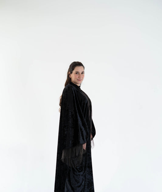 Velvet long kaftan with metal fringes